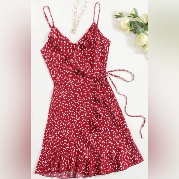 SHEIN VCAY Allover Heart Print Ruffle Detail Wrap Cami Dress - Picture 1 of 10
